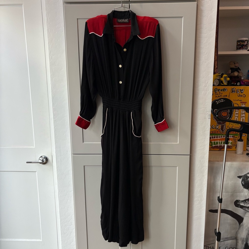 Vintage Karen Kane Dresses Black Red Colorblock Weatern Jumpsuit Large Rodeo